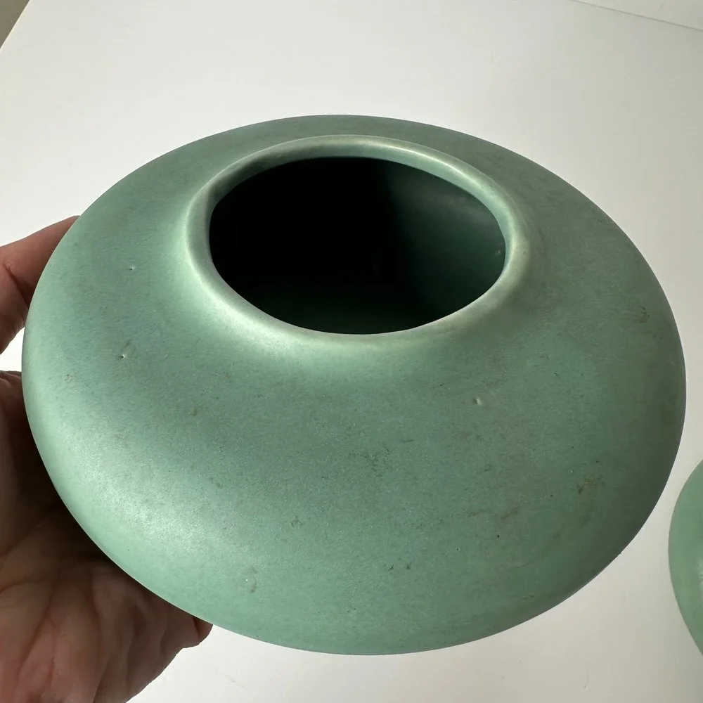 2 Art‎ Pottery Matte Green Low Profile Round Vases MCM Style Unmarked 2
